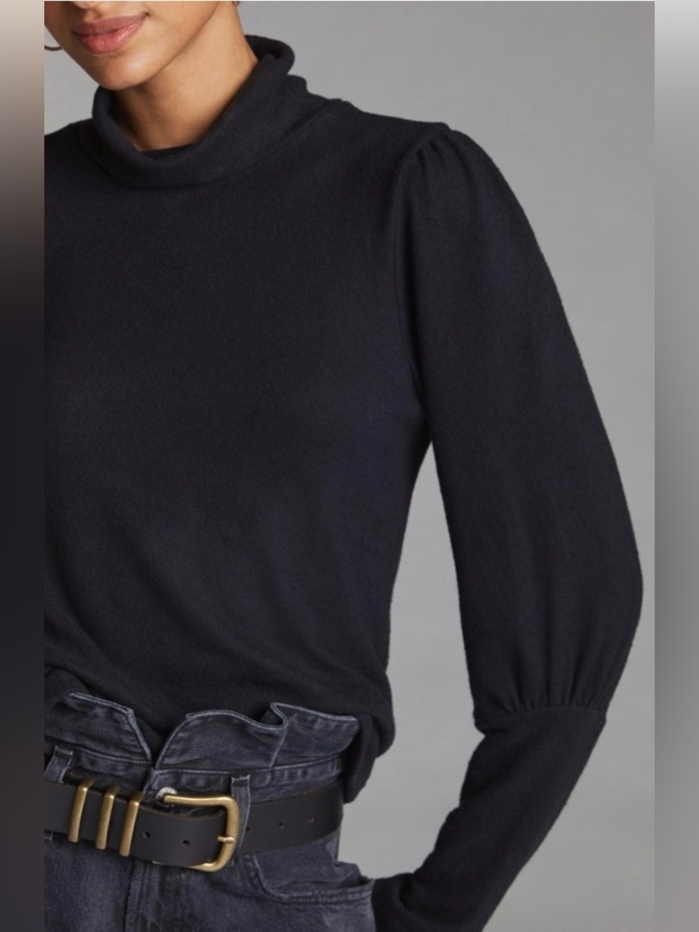 By Anthropologie Black Mock Neck Puff Shoulder Long Sleeve Knit Top Small comfy